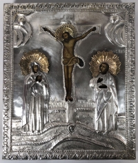 Russian Icon - Crucifixion of Christ in silvered brass revetment cover