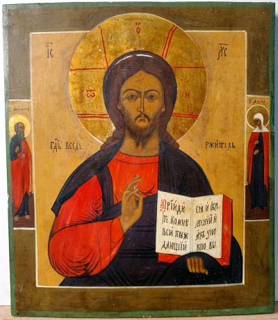 Russian Icon - Christ Pantocrator with border Saints Archipius and Anne