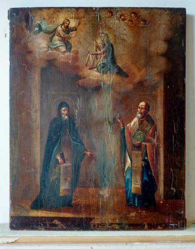 Russian Icon - St Venerable John of Egypt &amp; St Nicholas Wonderworker of Myra