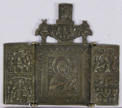 Small Russian Orthodox 3-panel folding travel skladen icon depicting Iveron Mother of God with Great Feasts on side panels