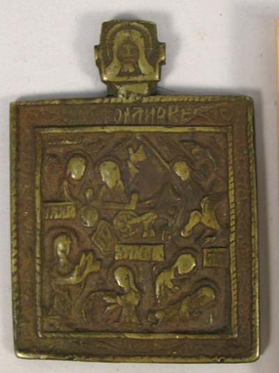 Small Russian pectoral brass plaquette icon depicting Prophet Elijah with scenes of life and fiery ascent into Heavens