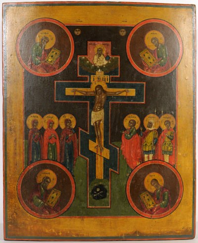Russian Icon - Crucifixion of Jesus Christ with Mourners and Four Evangelists