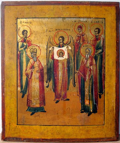 Russian Icon - Saint Michael the Archangel and five selected Saints: Florus and Laurus, Basil the Great, Blais, and Natalia