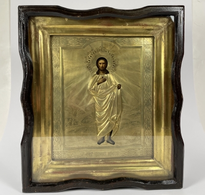 Russian Icon - St. John the Baptist (the Forerunner of Christ) in brass cover and kiot shadow frame