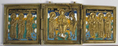 Russian Orthodox 3-Panel Folding Travel Skladen Icon depicting Deisis with Saints