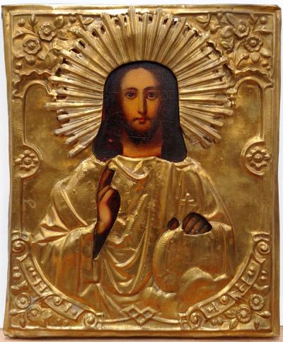 Russian Icon - Christ Emmanuel in brass oklad