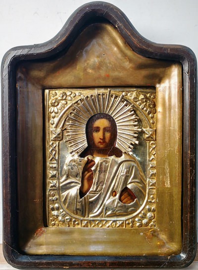 Russian Icon - Christ Emmanuel in brass oklad and kiot shadowbox frame