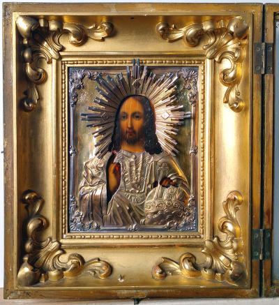 Russian Icon - Christ Emmanuel in silver oklad and original kiot frame
