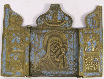 Russian Orthodox 3-panel folding travel skladen Icon depicting Our Lady of Kazan