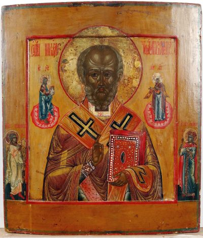 Russian Icon - Saint Nicholas, the Wonderworker of Myra with two border saints