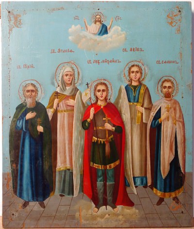 Russian Icon - Archangel Michael and three selected Saints: Agnes of Rome, Simon, Gury, and Aviv (Patrons of the Holy Matrimony)