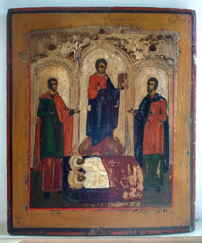 Russian icon - Jesus Christ and Four Selected Orthodox Saints
