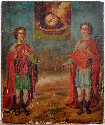 Russian Icon - Saints Martyr Demetrios and Martyr Boniface (Holy Protector of Alcoholics) with the severed head of John the Baptist