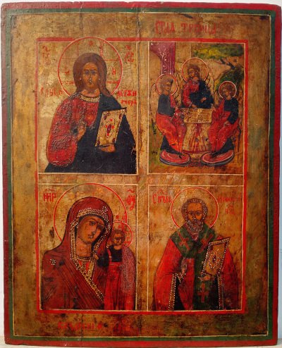 Russian four-part icon depicting Christ Pantocrator, the Old Testament Trinity, Our Lady of Kazan, and Sant Nicholas of Myra