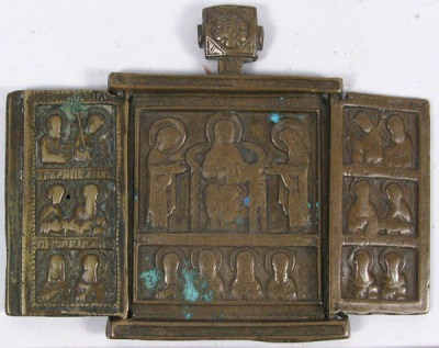 Small Russian Orthodox 3-panel folding travel skladen Icon depicting Christ Enthroned, Evangelists, Archangels, Apostles, and selected Saints
