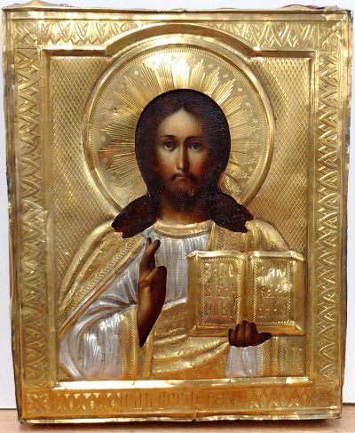 Russian Icon - Christ Pantocrator in silver oklad