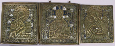 Large Russian Orthodox 3-panel folding travel skladen icon depicting Deisis
