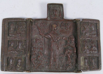 Small Russian Orthodox 3-panel folding travel skladen icon depicting Joy to All Who Sorrow Madonna with Archangels, Apostles, and selected Saints