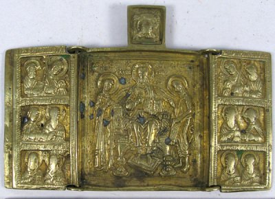 Small Russian Orthodox 3-panel folding travel skladen icon depicting  Christ Enthroned with Archangels, Apostles, and selected Saints