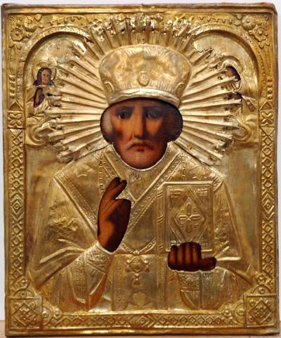 Russian Icon - Saint Nicholas, Bishop of Myra in brass oklad cover