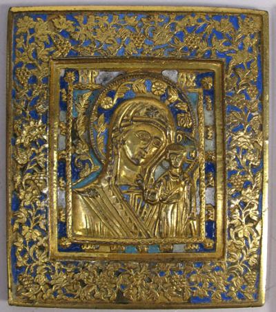 Medium Russian brass plaquette depicting Our Lady of Kazan