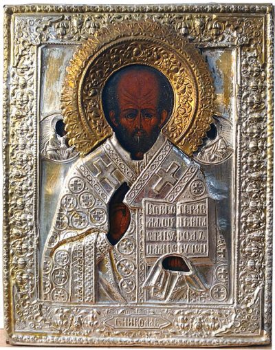 Russian Icon - Saint Nicholas, the Wonderworker of Myra in brass oklad cover