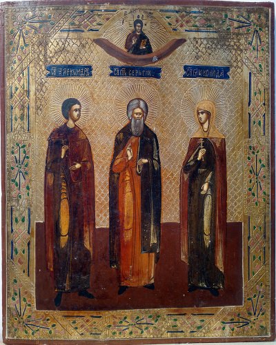 Russian icon depicting three Orthodox Saints: Saint Alexander, Saint Sergius of Radonezh, and Saint Martyr Elikonida