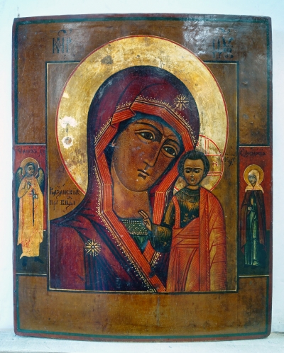 Russian Icon - Our Lady of Kazan with 2 border saints: the Guardian Angel and St. Theodosia of Constantinople