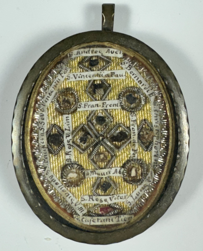 Reliquary theca with relics of 14 saints: St. Francis of Paola; St. Maurus; St. Rose of Viterbo; St. Vincent de Paul; St. Rose of Lima; St. Andrew of Crete, St. Pacificus; St. Vincent Ferrer; St. Christopher, etc.