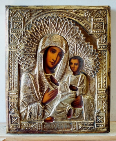 Russian Icon - Our Lady of Tikhvin in brass oklad cover