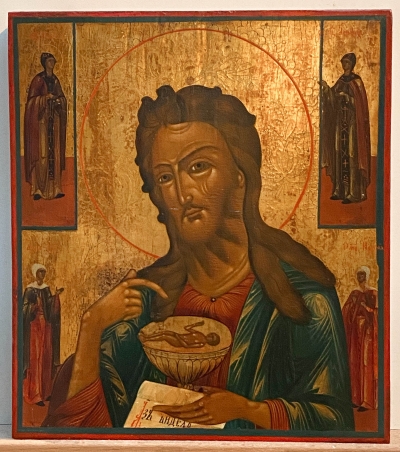 Russian Icon - Saint John the Baptist (St. John the Forerunner) &amp; Four Female Border Saints
