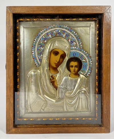Russian icon - Our Lady of Kazan in gilt silver revetment cover and glass fronted kiot frame