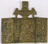 Small Russian Orthodox 3-panel folding travel skladen icon depicting Saint Nicholas the Wonderworker of Myra with Great Feasts on side panels
