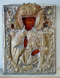 Russian Icon - St. Nicholas of Myra in brass oklad cover