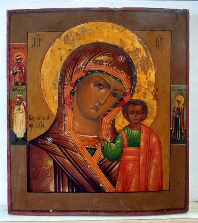 Russian Icon - Our Lady of Kazan with 3 border saints: St John Soldier, the Guardian Angel &amp; St. Anicia Martyr