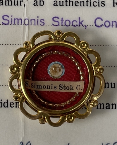 1955 documented reliquary theca with first-class relic of Carmelite Saint Simon Stock