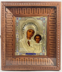 Fine Russian icon - Our Lady of Kazan in silver oklad &amp; kiot shadowbox frame