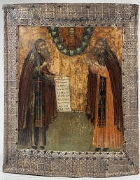 17-century Fine Russian Icon - Saints Zosima and Sabbatius, Founders of the Solovetsky Monastery in silver basma frame