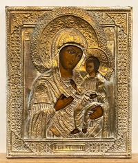 Russian icon - Our Lady of Iveron in brass revetment cover