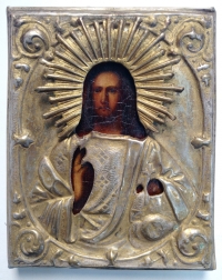 Russian Icon - Christ Pantocrator in brass oklad