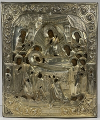 1861 fine Russian Icon of the Dormition of the Most Holy Mother of God in silver revetment cover