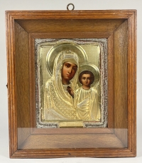 Russian icon - Our Lady of Kazan in silver oklad &amp; kiot shadowbox frame