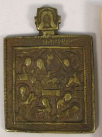 Small Russian pectoral brass plaquette icon depicting Prophet Elijah with scenes of life and fiery ascent into Heavens