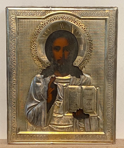 Russian icon - Christ Pantocrator in silver revetment cover