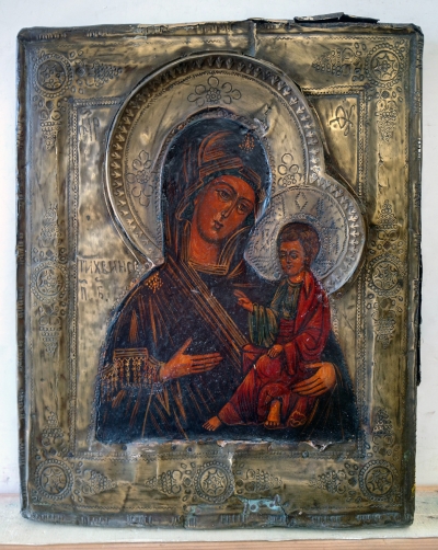 Russian Icon - Our Lady of Tikhvin in brass oklad revetment cover