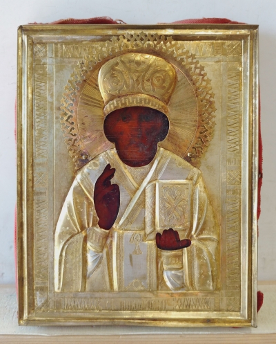 Russian Icon - St. Nicholas of Myra in brass oklad cover