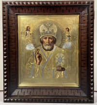 Russian Icon - Saint Nicholas, the Wonderworker of Myra in silver cover and kiot frame
