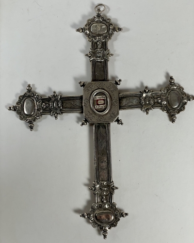 Large silver reliquary cross with hair relic of Saint Pope Pius V
