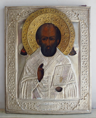 Russian Icon - St. Nicholas of Myra in brass oklad cover