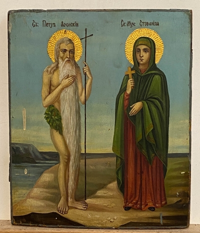 Russian Icon - Two Saints: St. Peter the Athonite and St. Stephanida of Damascus